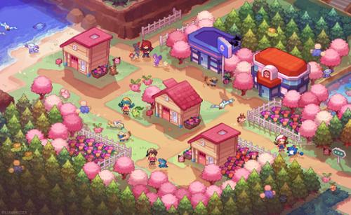 Isometric rendition of Cherrygrove City from Pokemon HeartGold/SoulSilver.